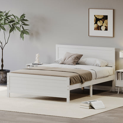 Wood Platform Bed Frame with Headboard, Mattress Foundation with Wood Slat Support, No Box Spring Needed, Queen Size, White