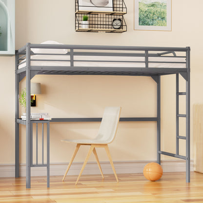 Twin Metal loft Bed with Desk, Ladder and Guardrails, bookdesk under bed, Silver