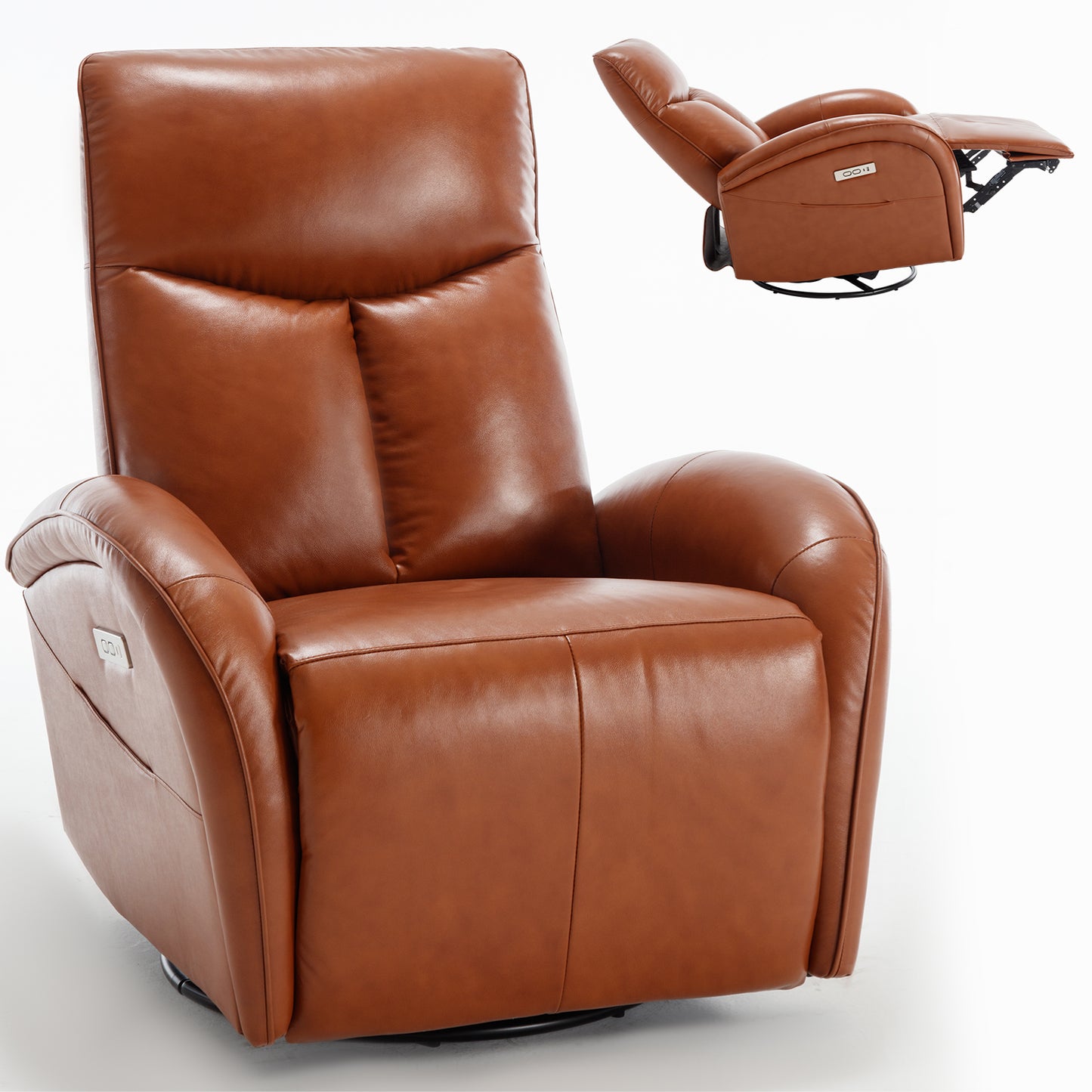 Yellow Brown Genuine Leather Swivel and Rocker Power Recliner Chair with Lumbar Support, Max Swivel Degree 270°, Heavy Duty Motion Mechanism with USB and Type-C