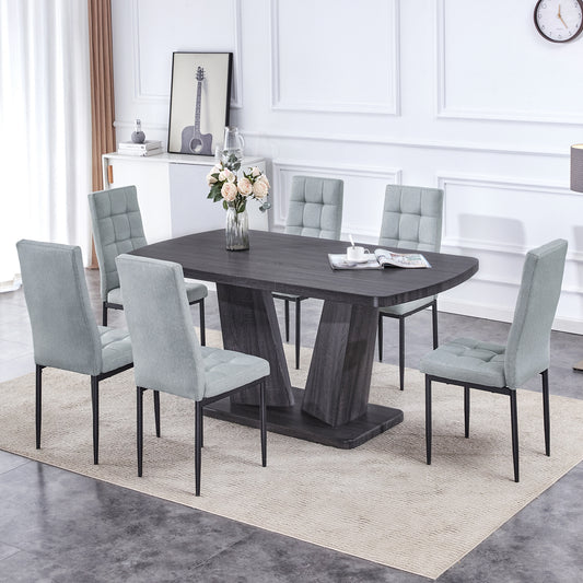 Dining Table Set for 6, 7 Piece Kitchen Table Chairs Set, 1.8" Thickness Tabletop and V-shaped Table Legs, Modern Dining Room Set with 63 inch Dinner Table and 6 Upholstered Chairs for Dining Room