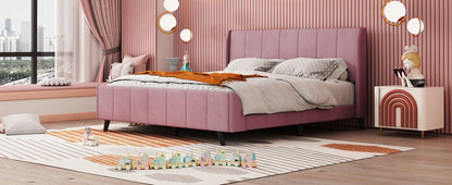 Queen Size Upholstered Platform Bed, Velvet, Pink