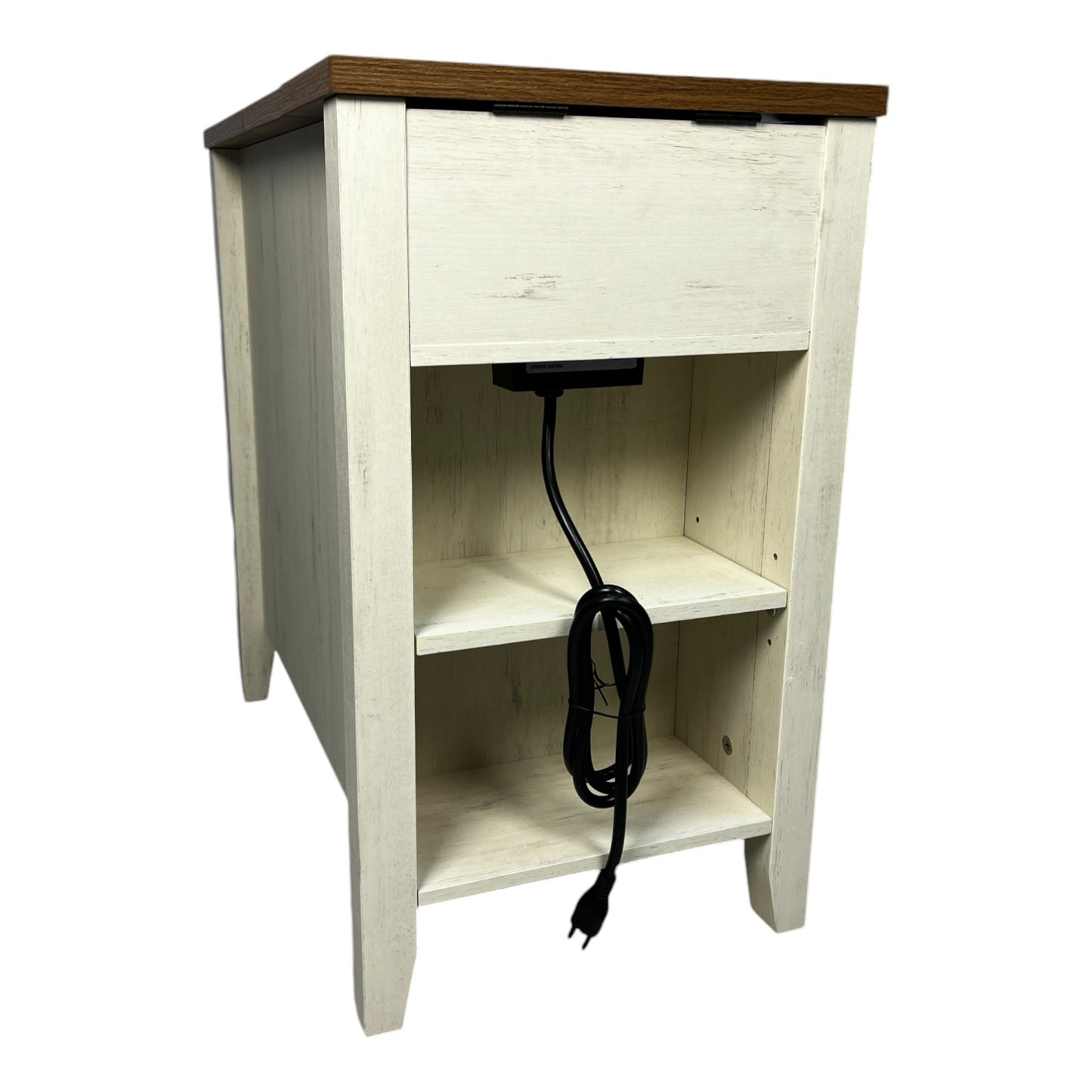 Farmhouse End Table with Charging Station,Night Stand with Barn Door and Drawer, Storage for Bedroom Living Room ,Bedside Table,  Bedside Table Brown+white color