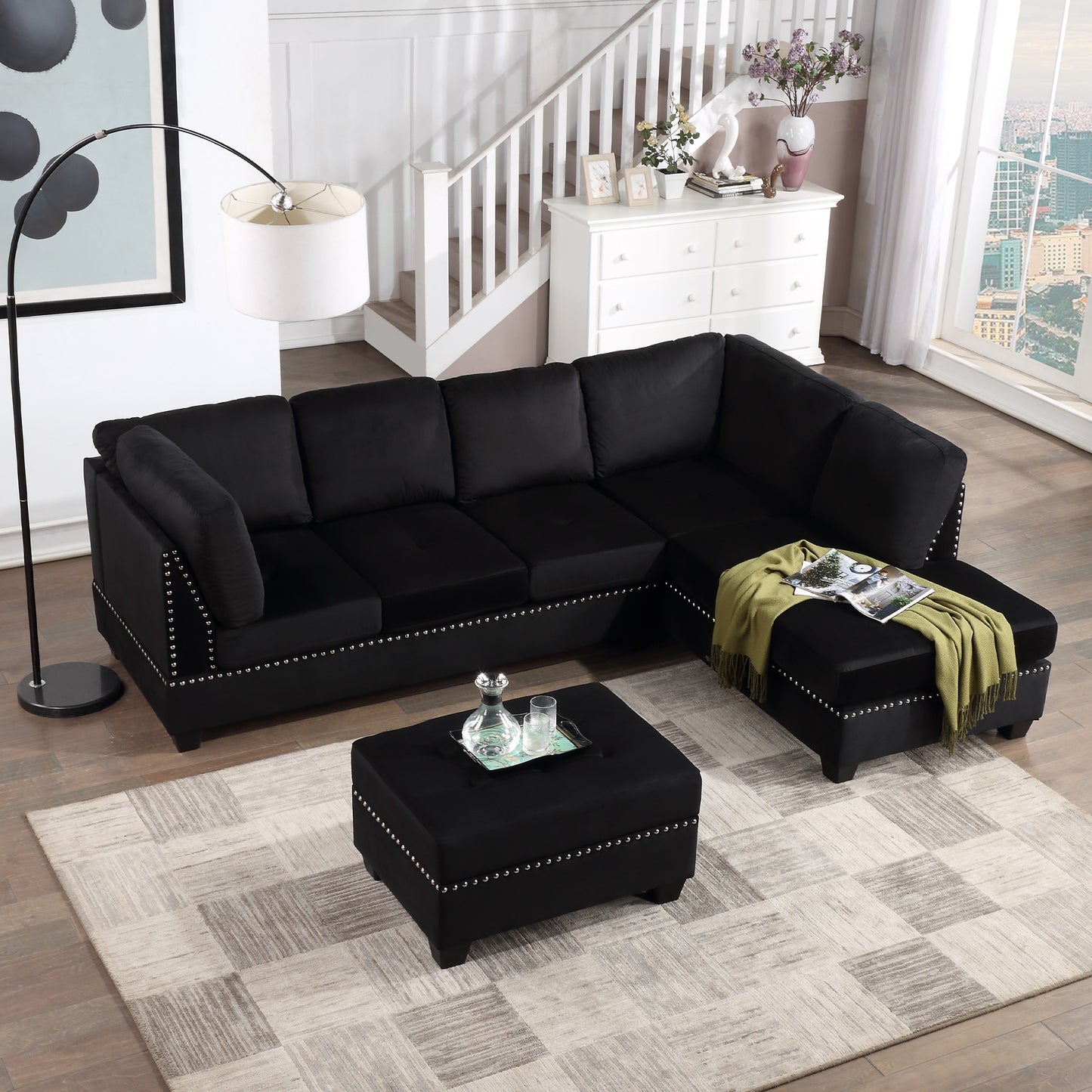 104.5" Reversible Sectional Sofa Space Saving with Storage Ottoman Rivet Ornament L-
shape Couch for Small or Large Space Dorm Apartment,Black(Old:SG000406AAA)