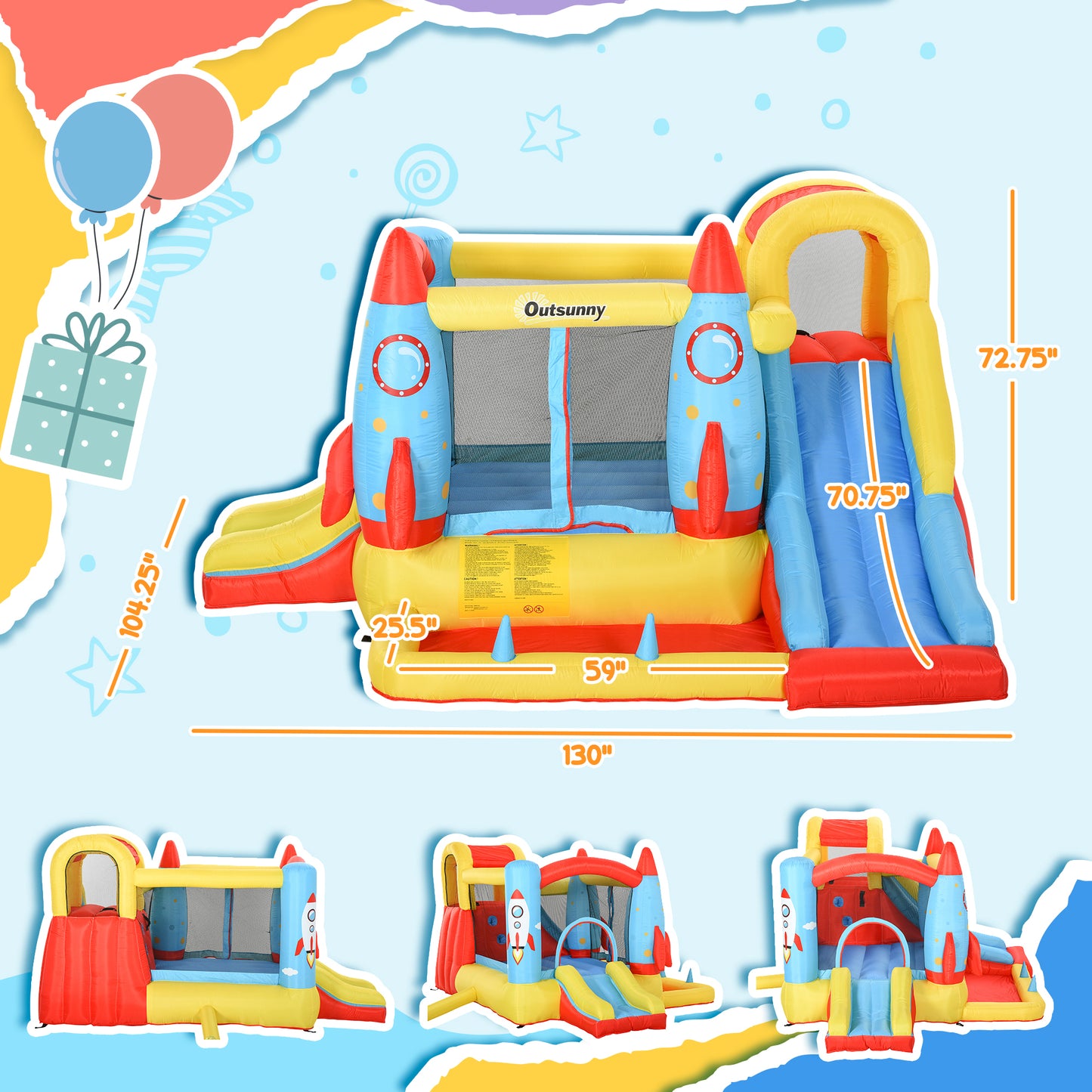 Outsunny Kids Inflatable Water Slide, 4-in-1 Bounce House Jumping Castle with 2 Slides, Climbing Wall, Trampoline, & Water Pool Area, Air Blower