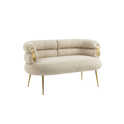 COOLMORE Small Loveseat Sofa, Upholstered Mini Couch with Curved Backrest with Stylish Golden Decor, Small Comfy Love Seat Leisure Accent Couch for Living Room, Bedroom, Office (Beige)