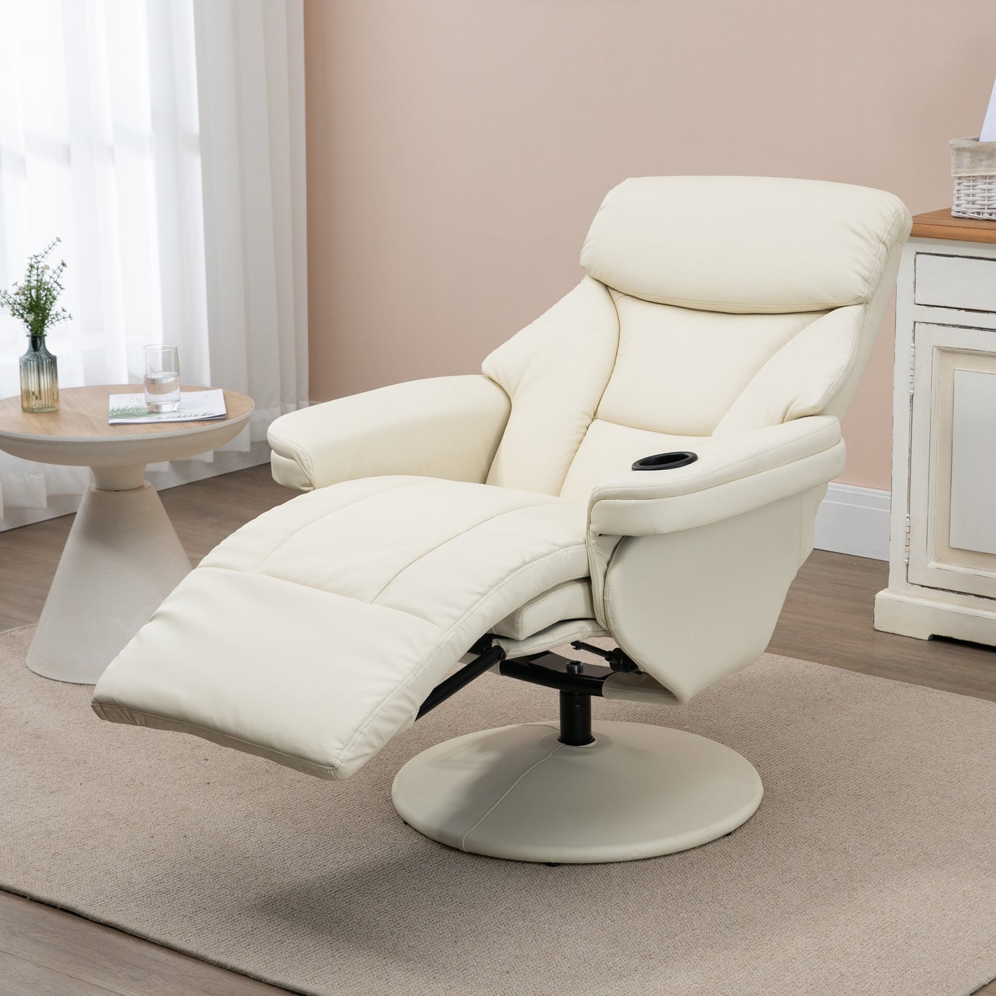 HOMCOM Manual Recliner, Swivel Lounge Armchair with Side Pocket, Footrest and Cup Holder for Living Room, Cream White