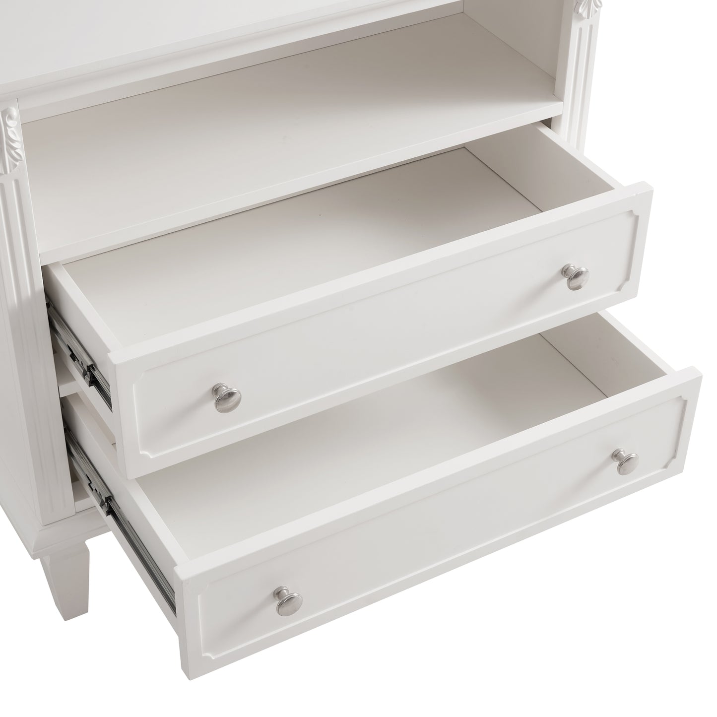 Open Space and 2 Drawers Dresser Nightstand with Charging Station, Farmhouse End Table with USB Ports and Outlets, Fluted Pilasters Design Side Table with Solid Wood Legs for Bedroom