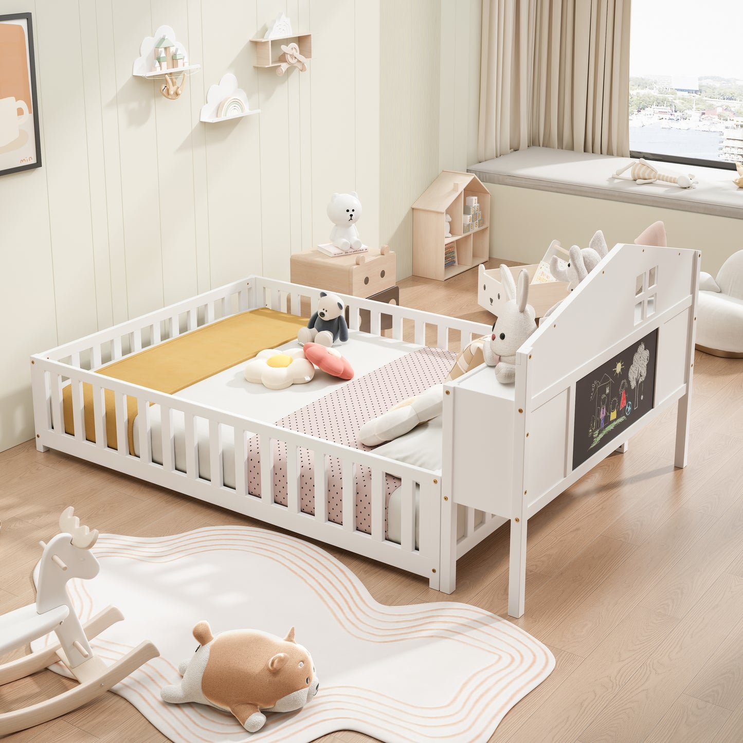 Full-size Montessori Floor Bed with Bookcases and Blackboards, Versatile Platform Beds with Guard rails, Solid Wood Floor Beds with Storage Headboards, Floor Beds for Kids and Teens White