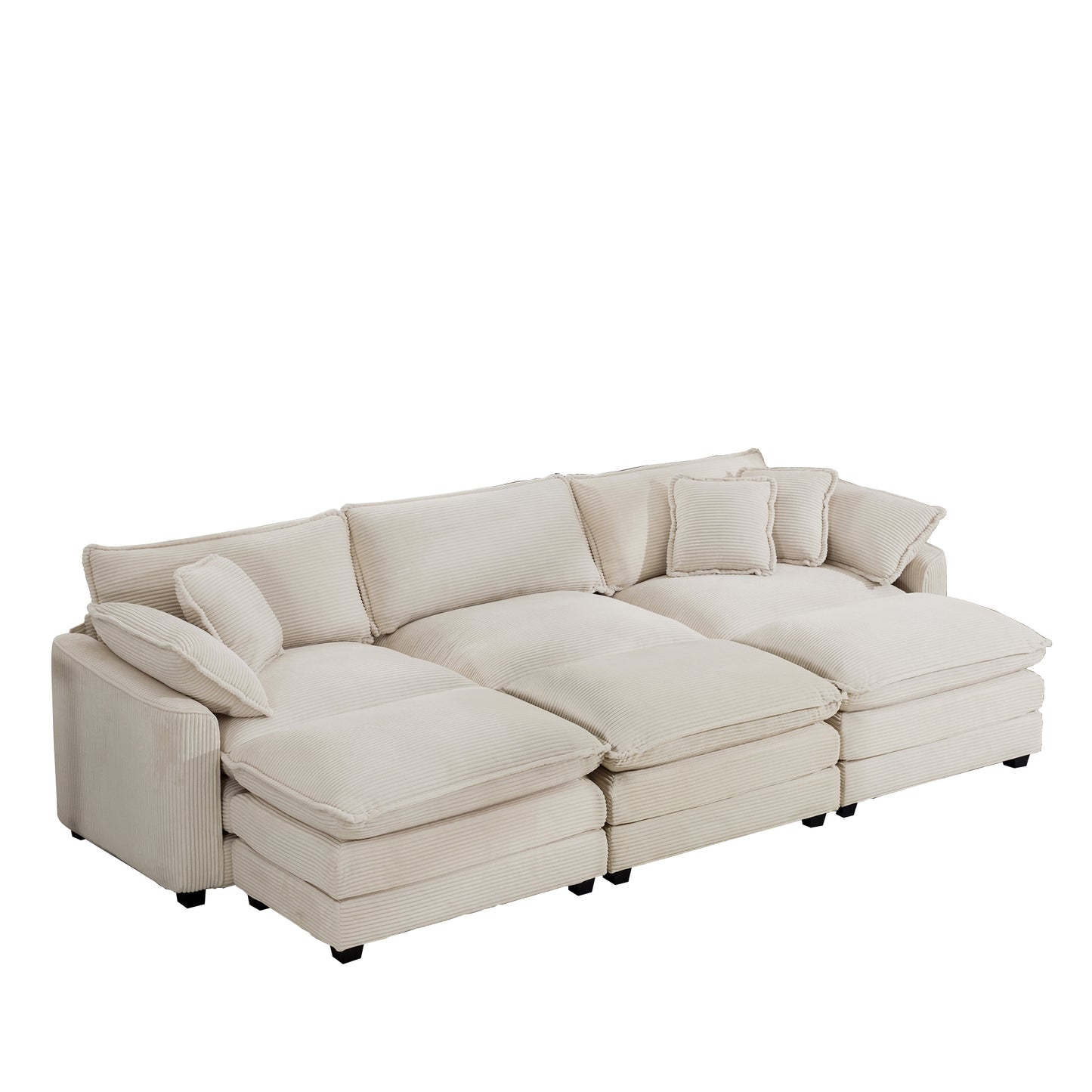 Stylish Oversized Modular Cushioned Sofa with 3 Ottomans, Light Beige Corduroy