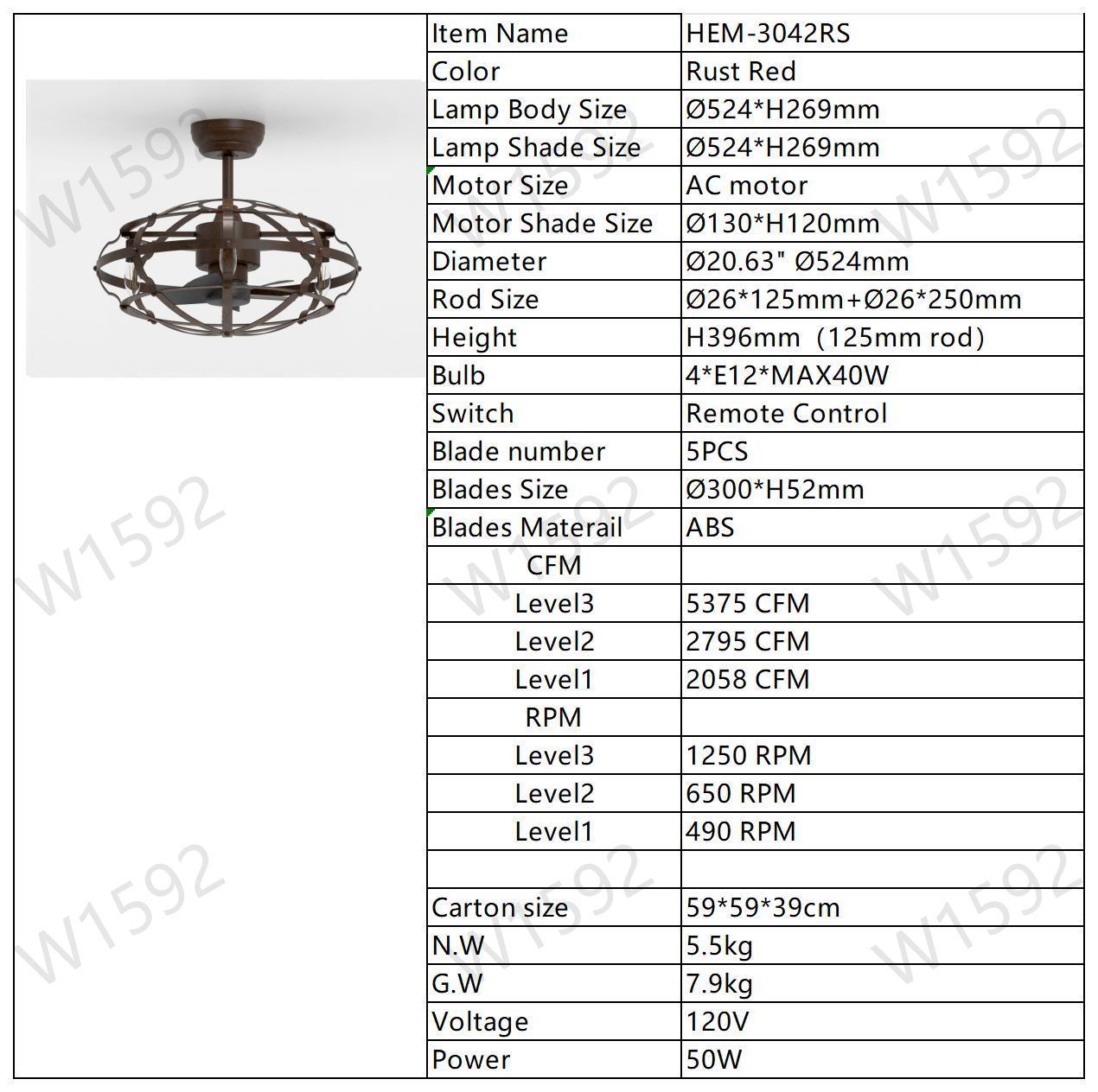 Best sells Modern Enclosed Ceiling Fan Indoor with Remote Control and Bladeless Rust Red Industrial Ceiling Fan Light Kit