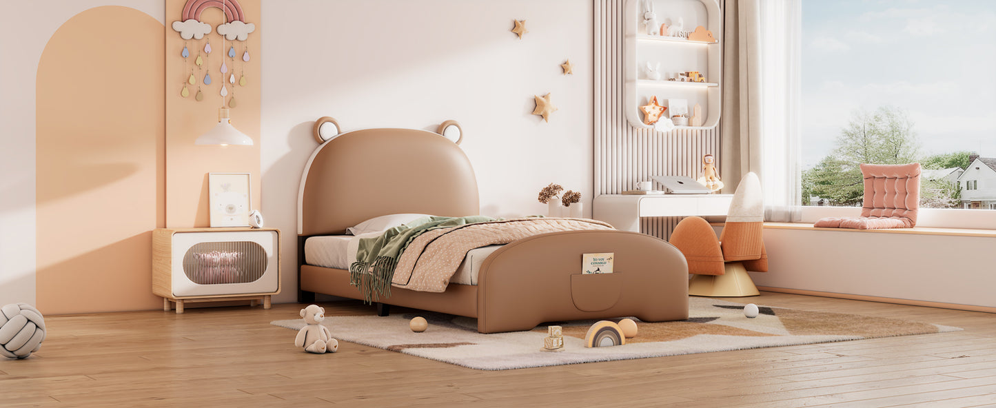 Twin Size Upholstered Platform Bed with Bear-shaped Headboard and Footboard,Brown+White