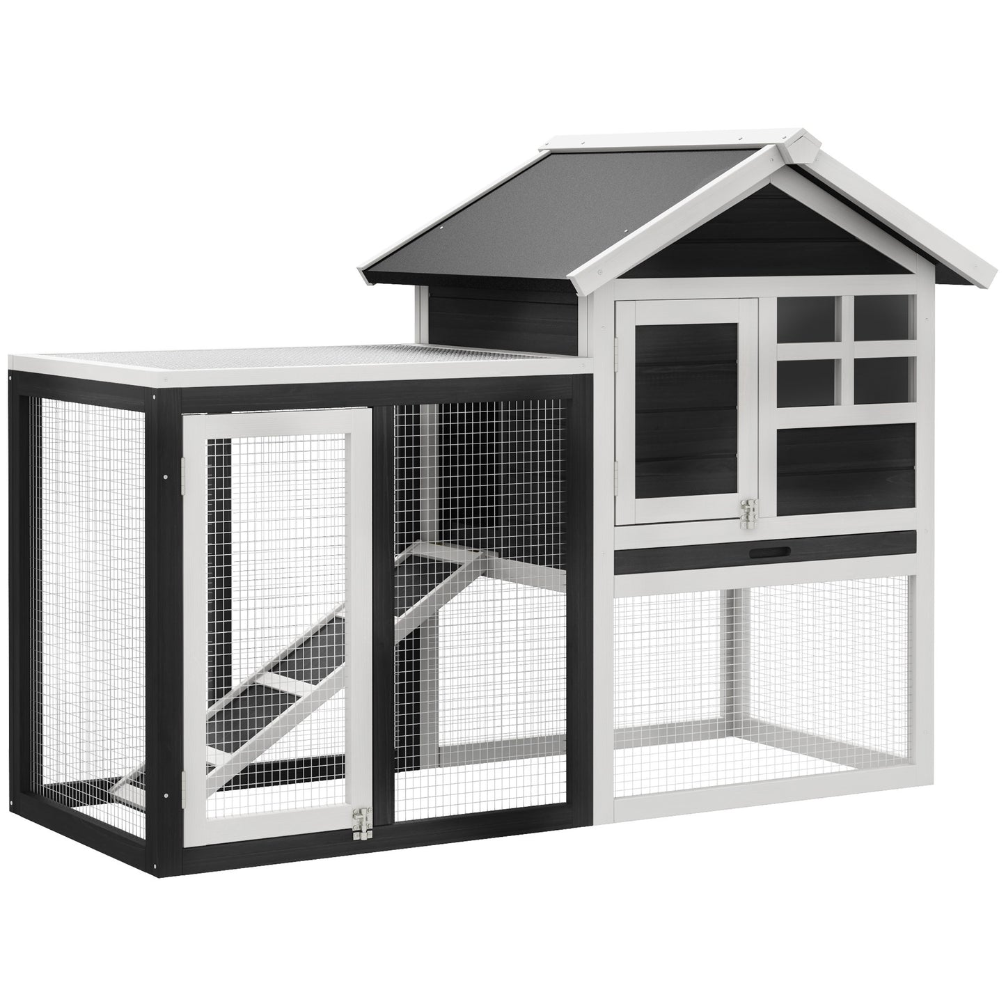 PawHut 48" Wooden Rabbit Hutch Bunny Cage with Waterproof Asphalt Roof, Fun Outdoor Run, Removable Tray and Ramp, Grey