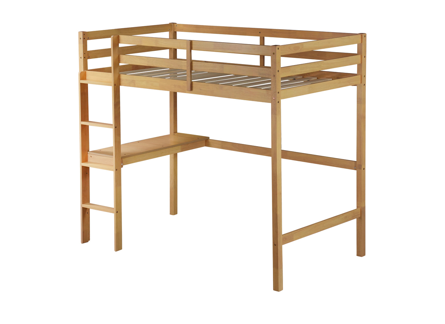 Twin High Loft Bed, Rubber Wood  Loft Bed with Safety Guardrail, built-in desk, ladder,White Oak