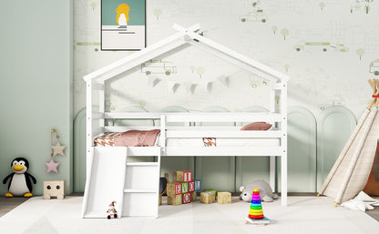 Twin Low Loft House Bed with Slide,  Ladder, Safety Guardrails, House Roof Frame,White