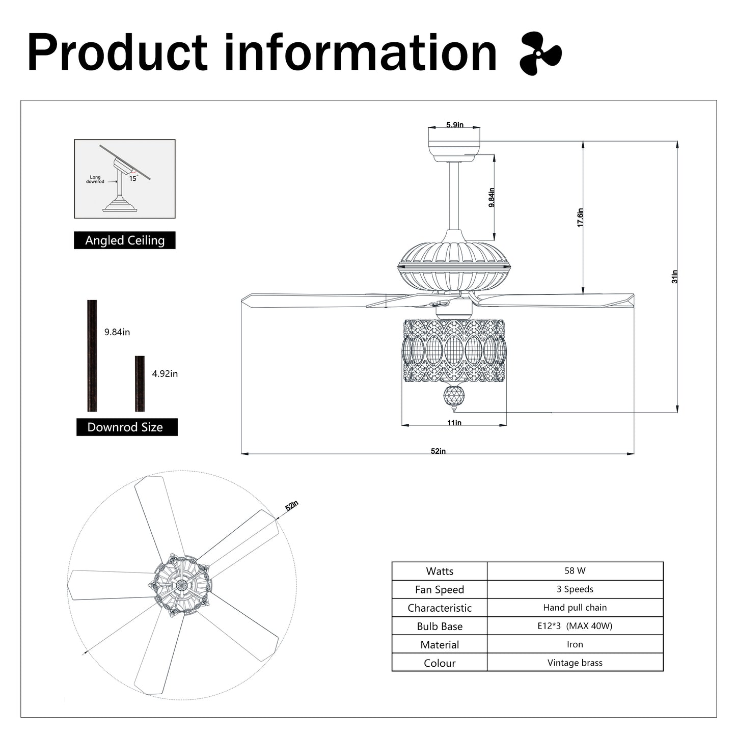 52'' Classical Crystal Ceiling Fan Lamp,3 Speed , 5 Reversible Blades for Living Room, Dining Room, Bedroom, Family Room, Rustic bronze ,3PCS*E12  (NO Include Bulb, Hand Pull Chain)
