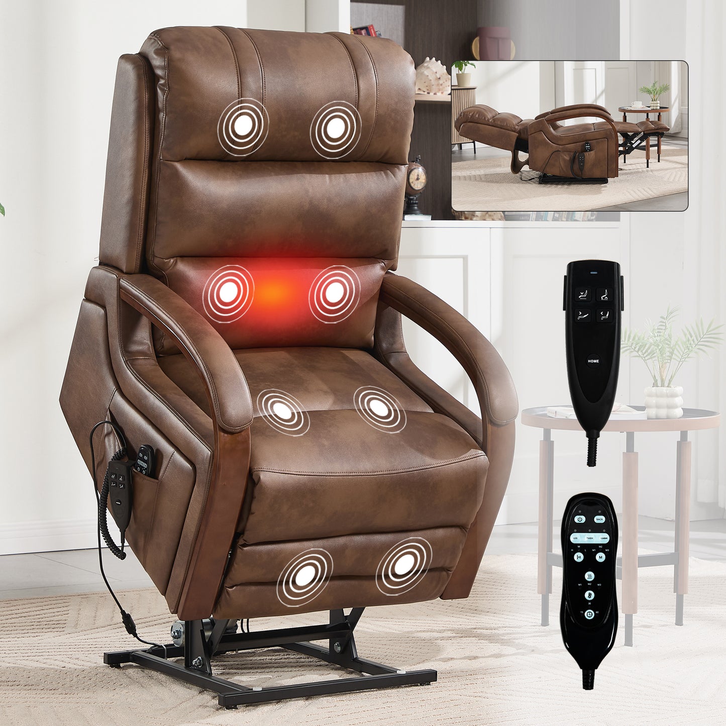 Power Brown Leatheraire Lift Recliner Chair Dual Motor Infinite Position Up to 350 LBS with Solid Wood Armrests, Heat Massage and Heavy Duty Motion Mechanism