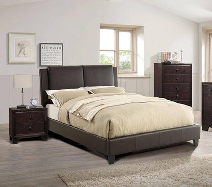 Queen Size Bed 1pc  Bed Set Brown Faux Leather Upholstered Two-Panel Bed Frame Headboard Bedroom Furniture