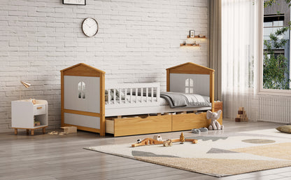 Twin Size House Shape Bed with Drawers and Safety Fence Guardrails Bed Toddler Bed for Girls Boys,No Box Spring Needed, Walnut and White