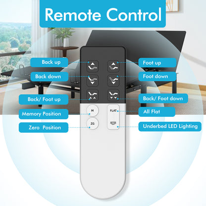 J300 Adjustable Bed Base Frame - Queen - Head and Foot Incline - Zero Gravity - Under Bed Lighting - Wireless Remote Control - TypeA - TypeC