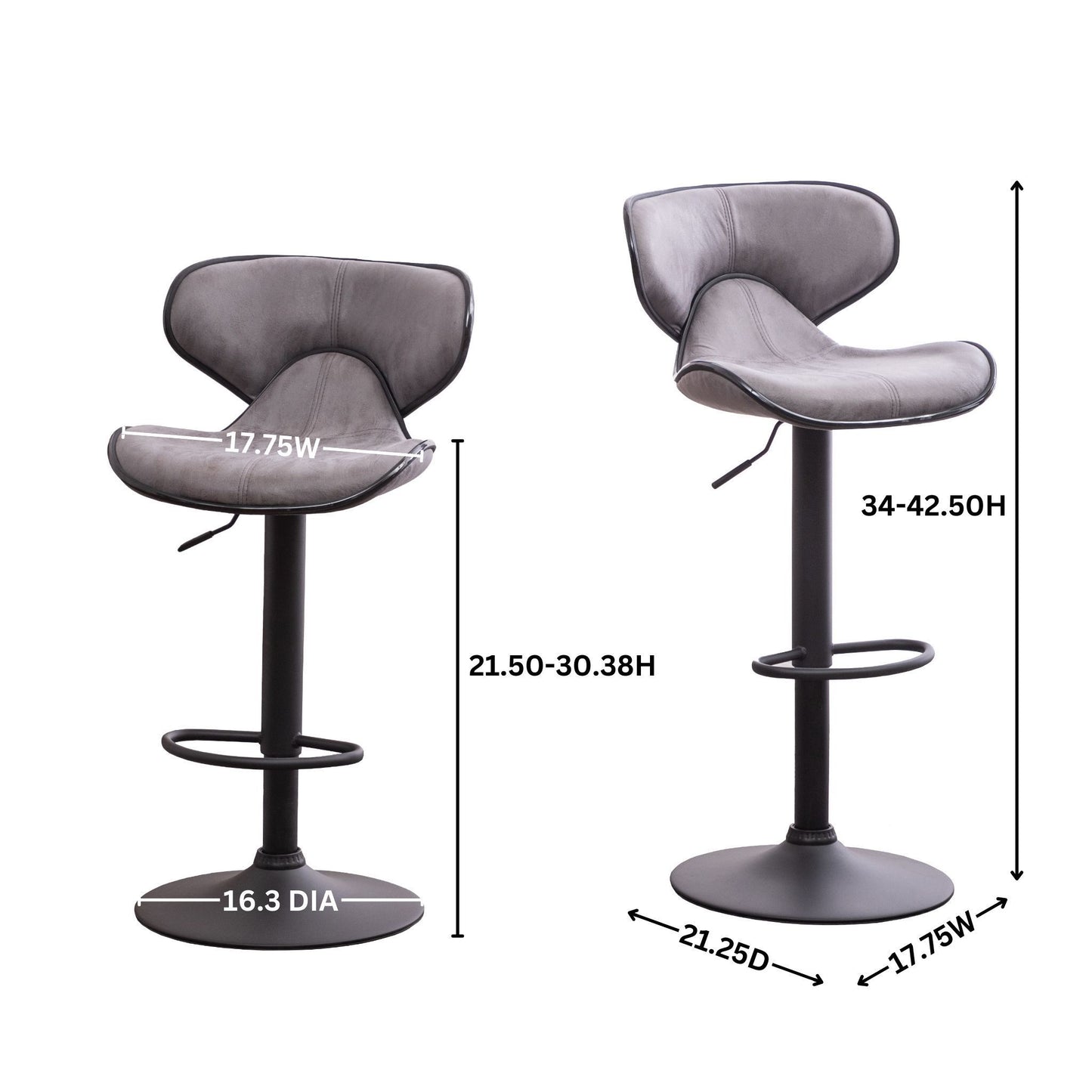 Masaccio Weathered Upholstery Airlift Adjustable Swivel Barstool with Chrome Base, Set of 2, Grey