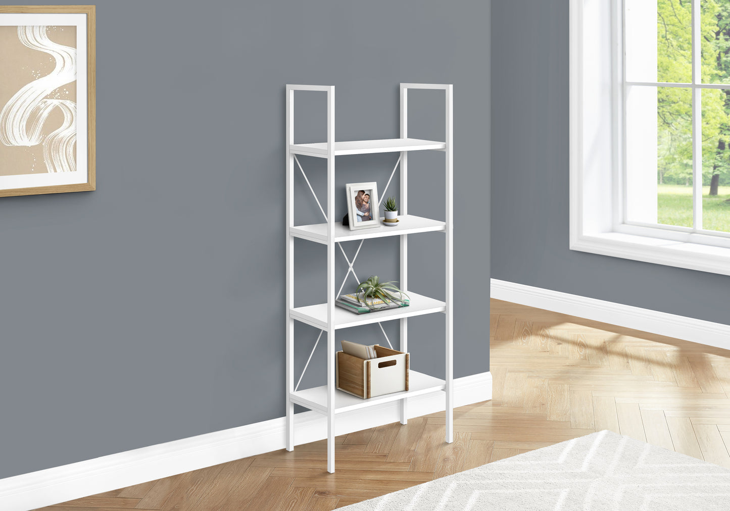 Bookshelf, Bookcase, 4 Tier, 48"h, Office, Bedroom, White Laminate, White Metal, Contemporary, Modern