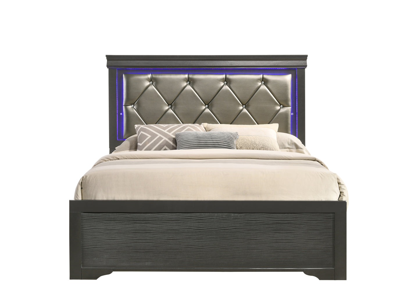 Full 5 Pc Tufted Upholstery LED Bedroom set made with Wood in Gray