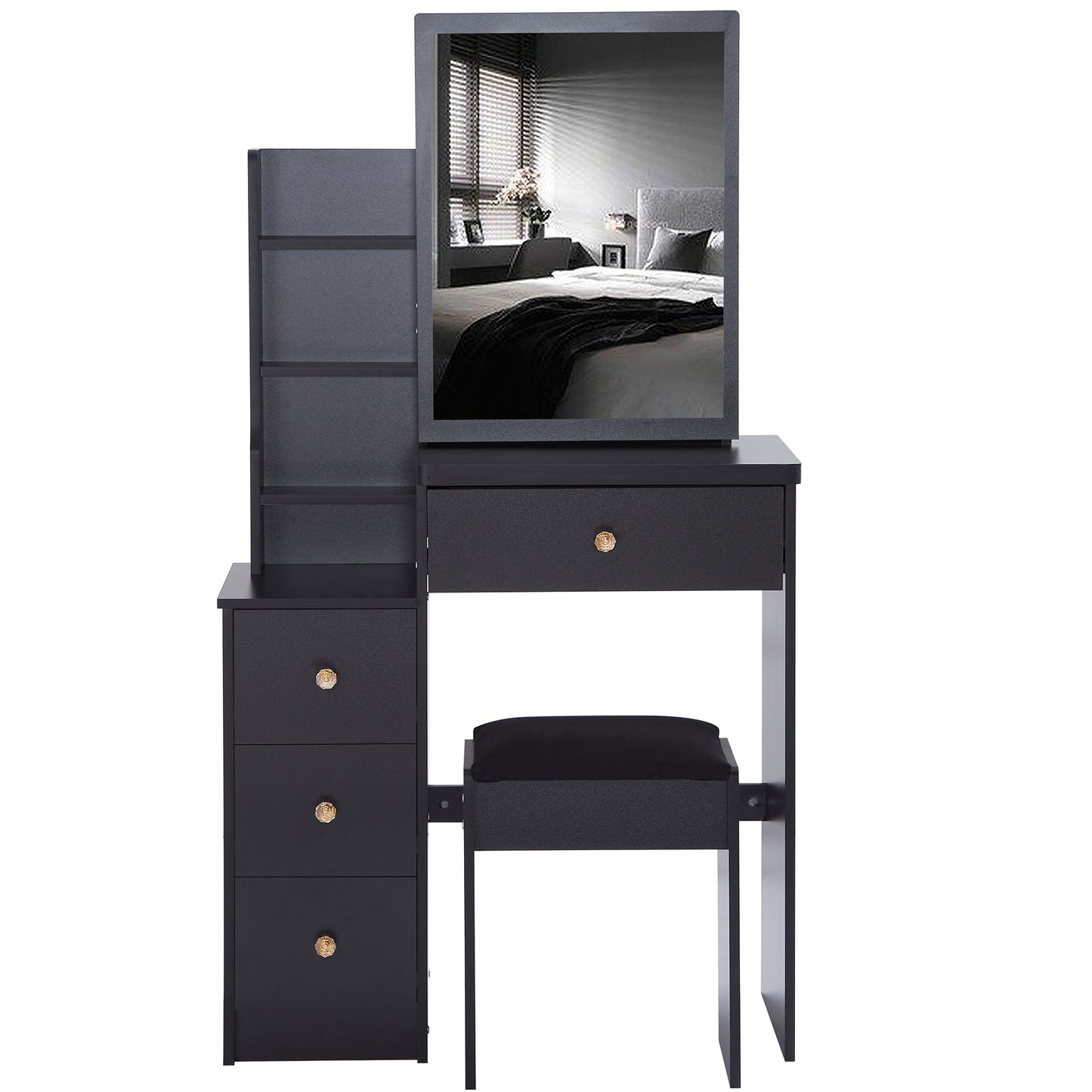 Small Size Left Bedside Cabinet Vanity Table + Cushioned Stool, Extra Large Sliding Mirror, Multi Layer, High Capacity Storage Fashionable Dresser, Suitable for Small Space, EPA,GCC,UL Certificate