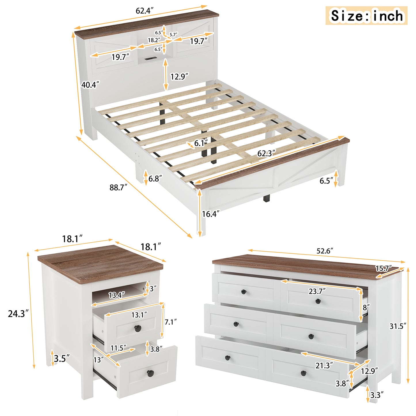 3-Pieces Bedroom Sets Queen Size  Farmhouse Platform Bed with Double Sliding Door Storage Headboard, Storage Nightstand and Dresser, White+Brown