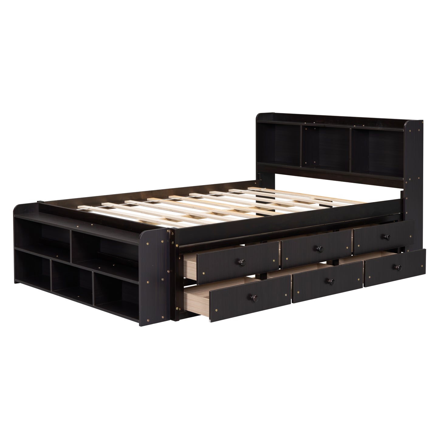 Full Bed with Bookcase Headboard, Under bed Storage Drawers and Bed End Storage Case,Espresso