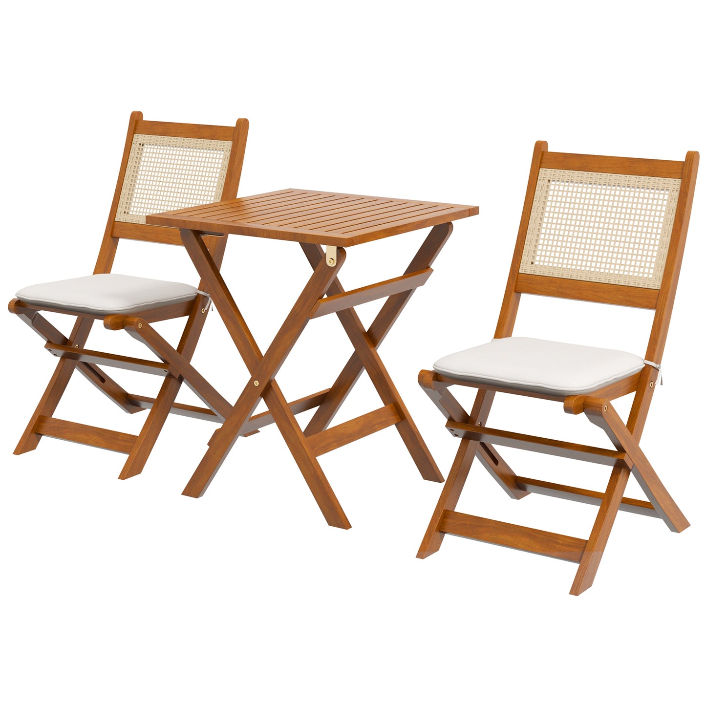 Outsunny 3 Pieces Patio Bistro Set Foldable Wooden PE Rattan Conversation Furniture Outdoor with Cushions, for Porch, Backyard, Garden, Light Teak