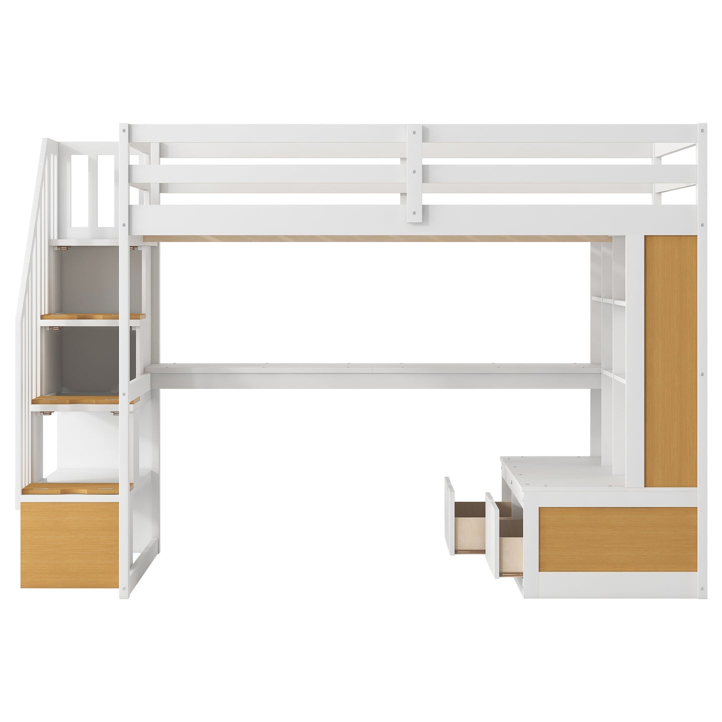 Full Size Loft Bed with Desk and Shelves, Two Built-in Drawers, Storage Staircase in White and Natural Finish, Solid Pine Wood and MDF Construction