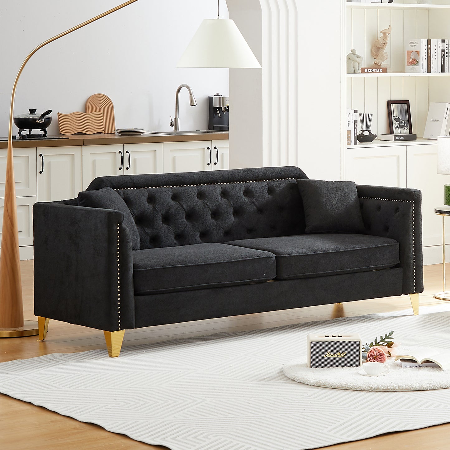 FX81"Mid-century design modern sofa,Chenille Pull Buckle Design Sofa for Living Room,Buttons Tufted With Copper Nail Decoration Armrest, with 2 Pillows,Modern Couch Upholstered Button And Metal Legs