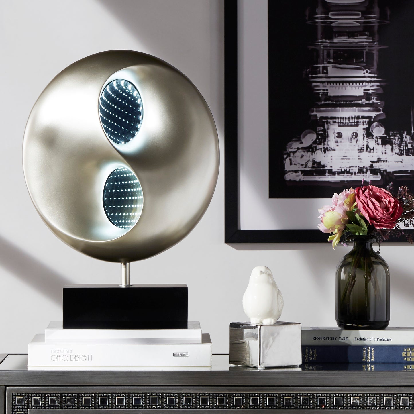 Ultra-Modern Design Table Lamp LED Lights Infinity Mirror Black and Silver Finish Antique Night Lamp Bedroom Lamp