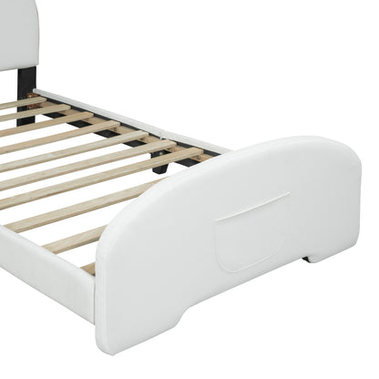 Twin Size Upholstered Platform Bed with Bear-shaped Headboard and Footboard,White+Brown