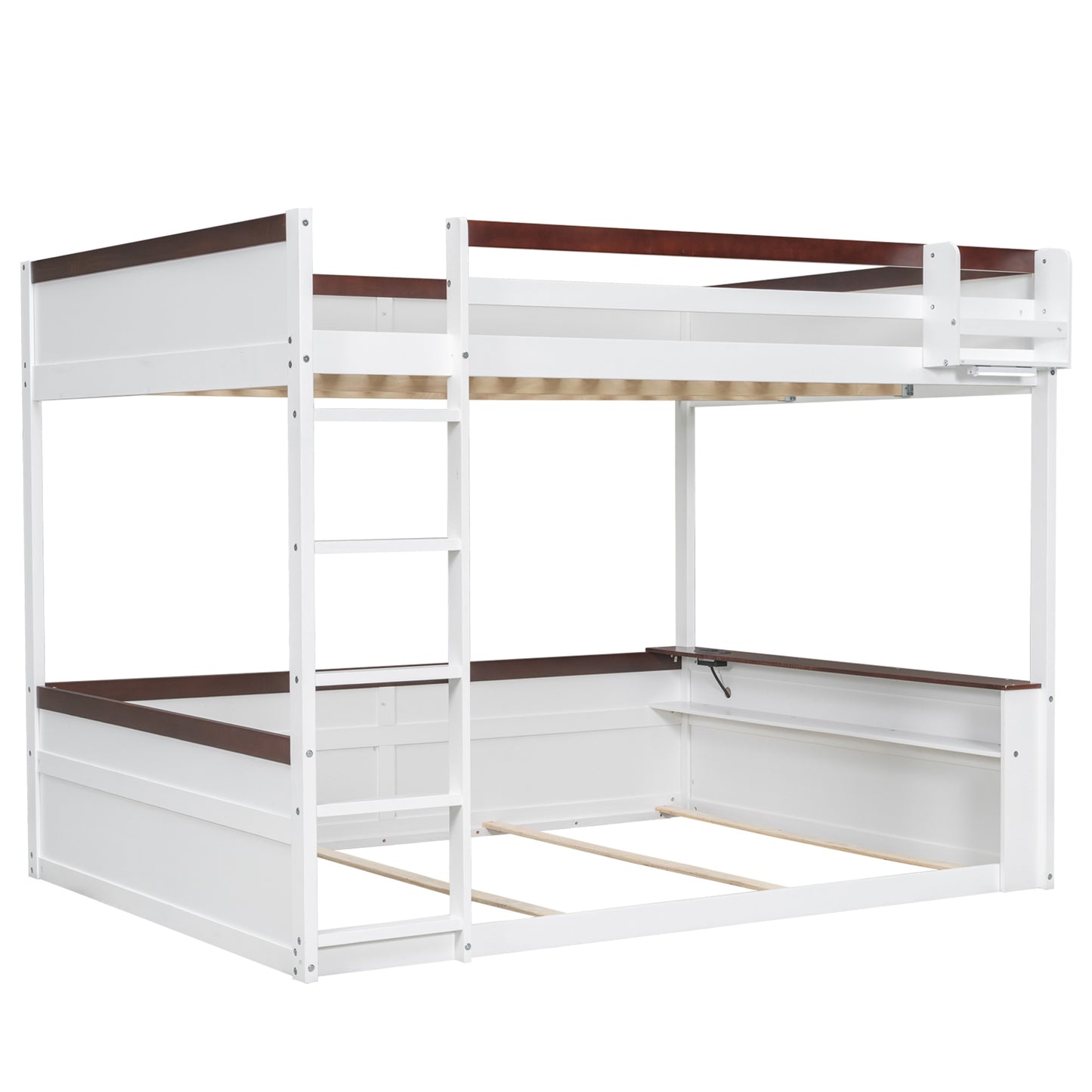 White Queen Size Wooden Bunk Bed with Built-in Shelves, Storage Box, LED Light, and USB Charging Station - Pine Wood + MDF