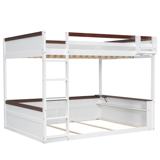 White Queen Size Wooden Bunk Bed with Built-in Shelves, Storage Box, LED Light, and USB Charging Station - Pine Wood + MDF