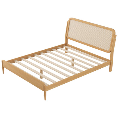 Queen Size Wood Storage Platform Bed with LED Light, Rattan Headboard, Nature