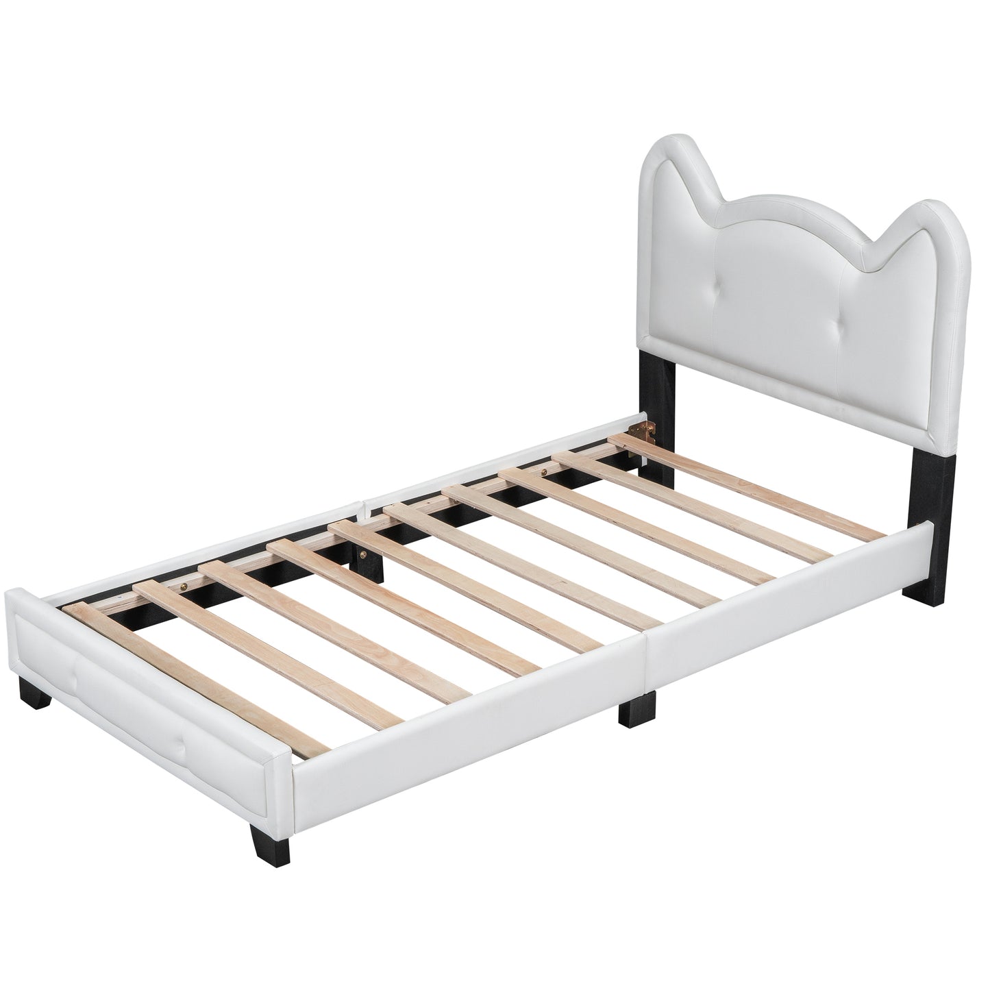 Twin Size Upholstered Platform Bed with Carton Ears Shaped Headboard, White