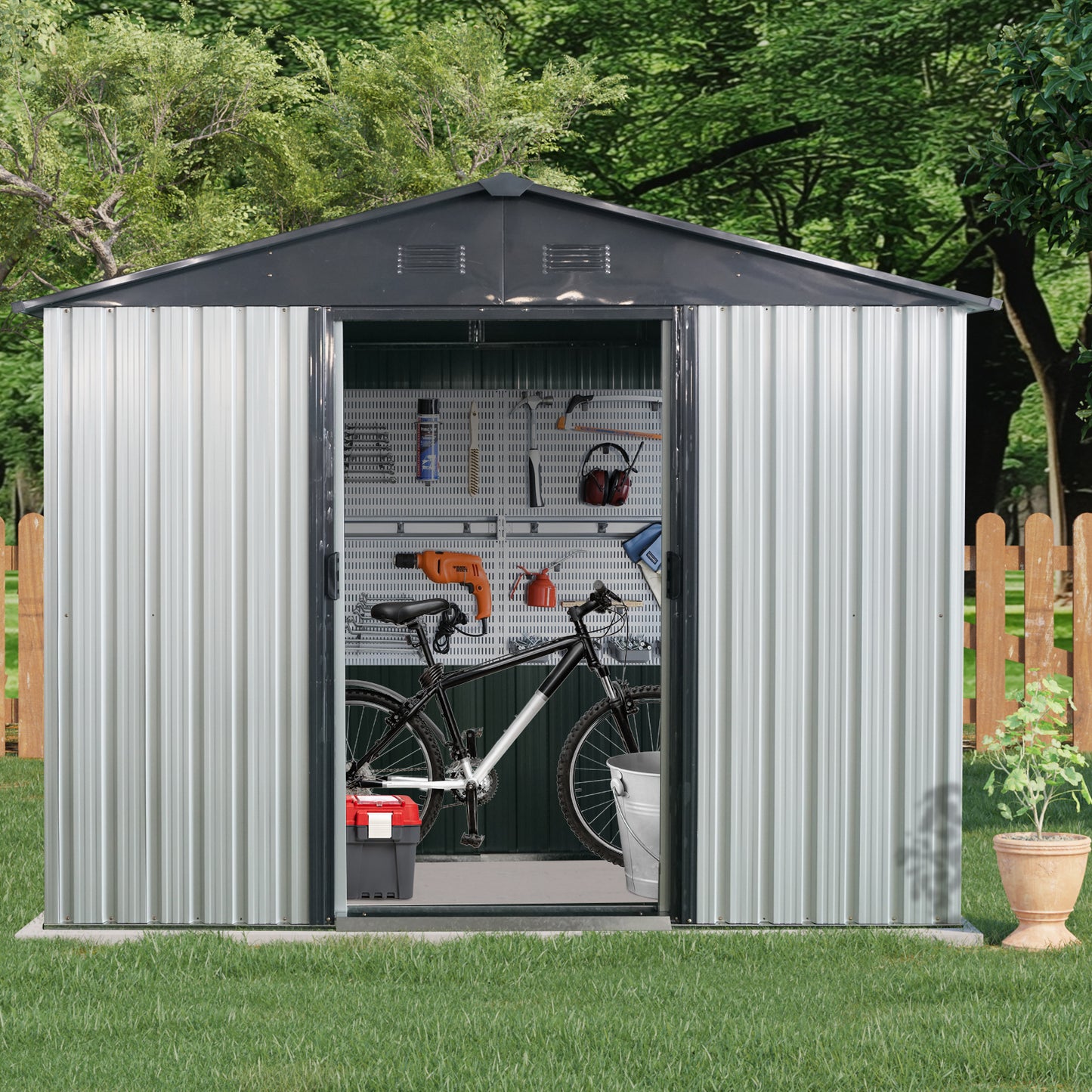 8ft x 4ft Outdoor Metal Storage Shed with Window and Metal Foundation for Backyard, Patio, Lawn --White and Black