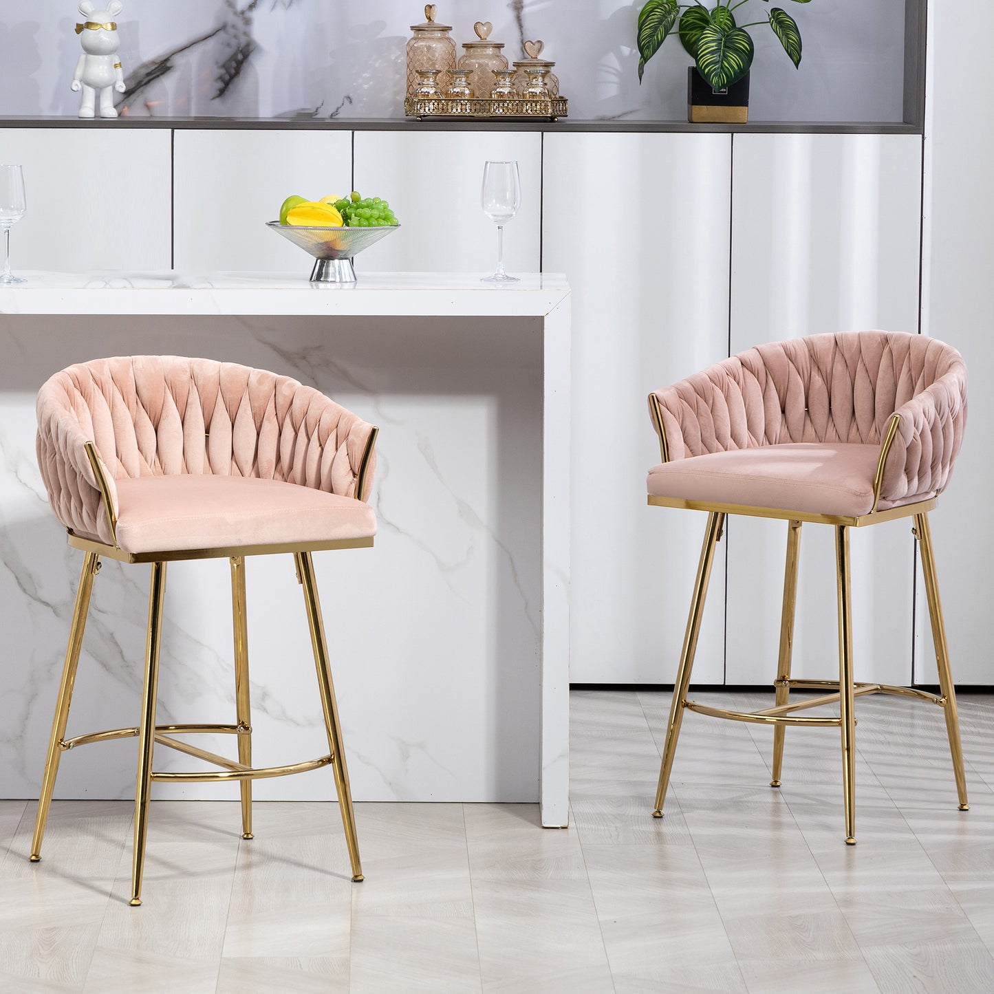 26'' Counter height bar stools Set of 2 kitchen island counter bar stool with hand- wave back,golden chromed base and footrest(PINK)