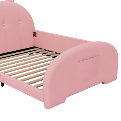 Twin size Upholstered Rabbit-Shape Princess Bed ,Twin Size Platform Bed with Headboard and Footboard,Pink