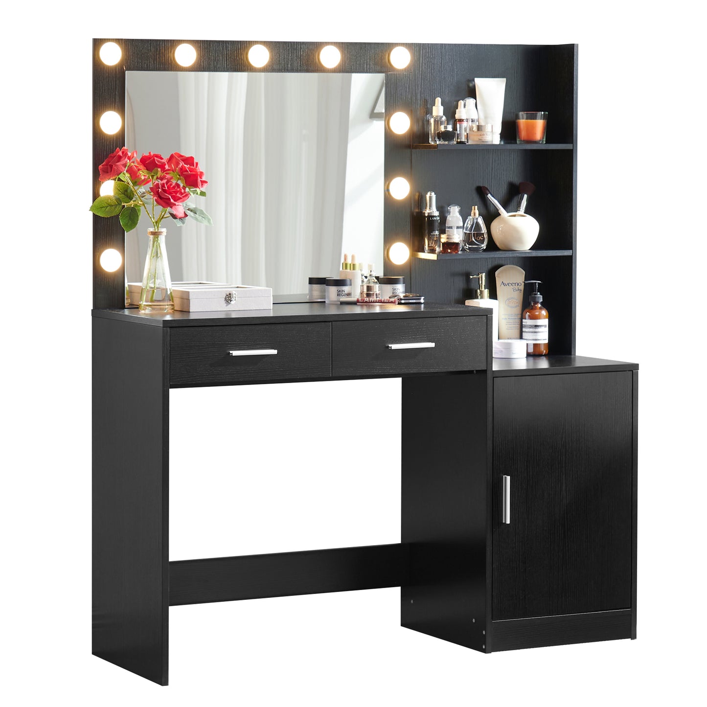 Vanity Desk with Mirror and Lights, 46.4IN Dressing Table with 2 Large Drawer&Large Vertical Organizer, 3 Level Dresser & 3 Lighting Modes Adjustable Brightness, Suitable for Bedroom(Black)