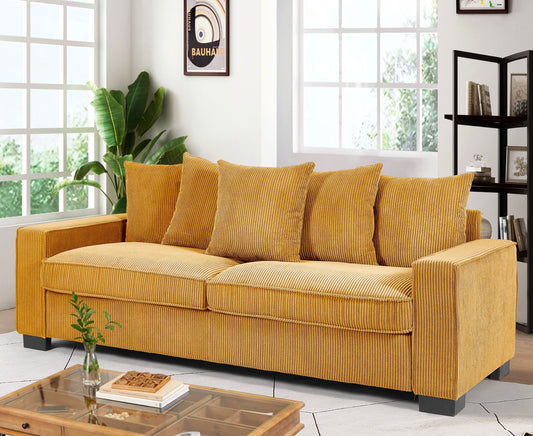 Luxe Corduroy Sofa with 5 Matching Toss Pillows, Sleek Design, Spacious and Comfortable 3 Seater Couch for Modern Living Room, Large, Ginger