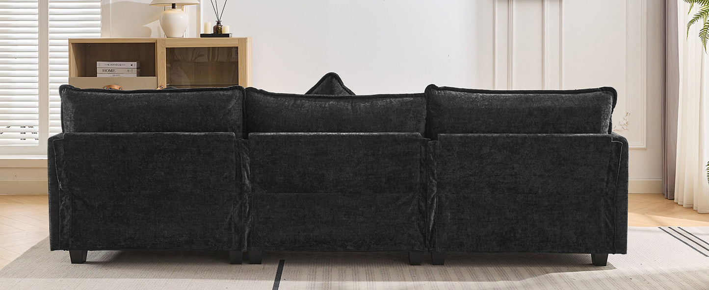 112.2" L-Shape Chenille Upholstered Sofa for Living Room Modern Luxury Sofa Couch with Ottoman and 5 Pillows for Living Room (SG001160AA), Black