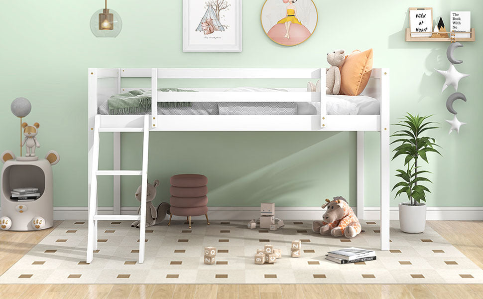 Twin Size Wood Low Loft Bed with Ladder, ladder can be placed on the left or right, White