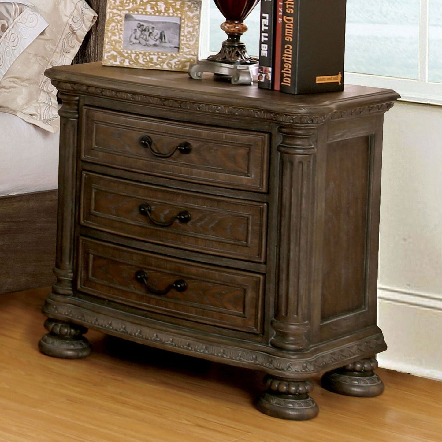 Traditional Rustic Natural Finish Solid wood 1pc Nightstand Bronze Hanging Pull Bedroom Bedside Table w 3-Drawers