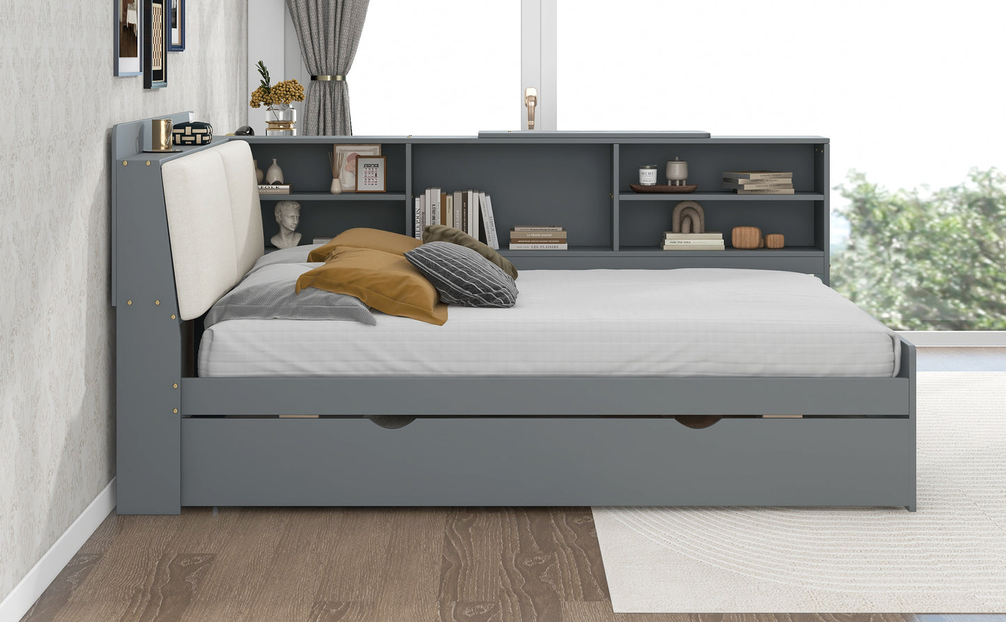 Wood Full Size platform bed with Trundle, Shelves and Storage Headboard, Gray