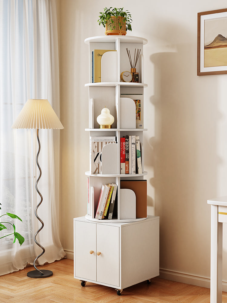 Rotating Bookshelf, 360 Degree Display 5 Tier Corner Bookshelf with Drawer for Small Space, Floor Standing Bookcase Storage Rack, Wood Narrow Book Shelf Organizer for Bedroom, Living Room (WHITE)
