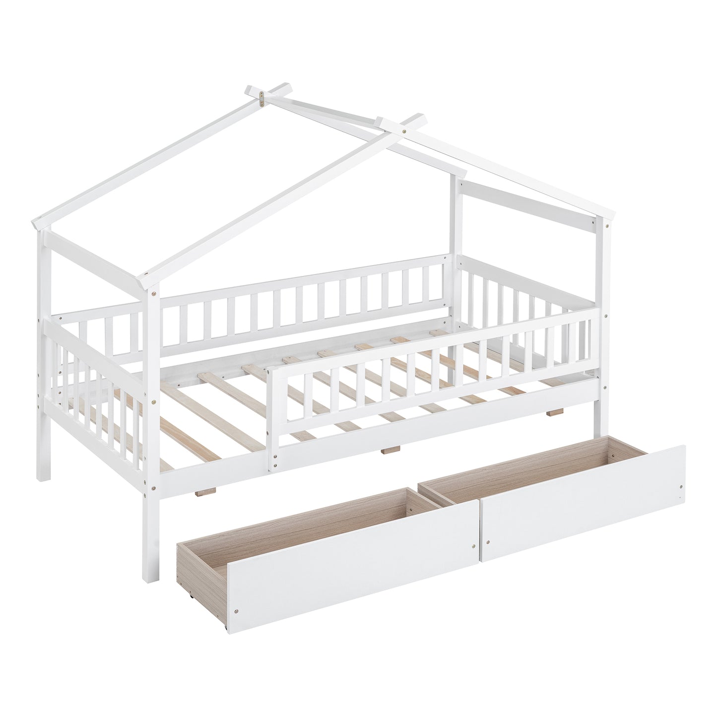 Twin Size Wooden House Bed with Two Drawers, White