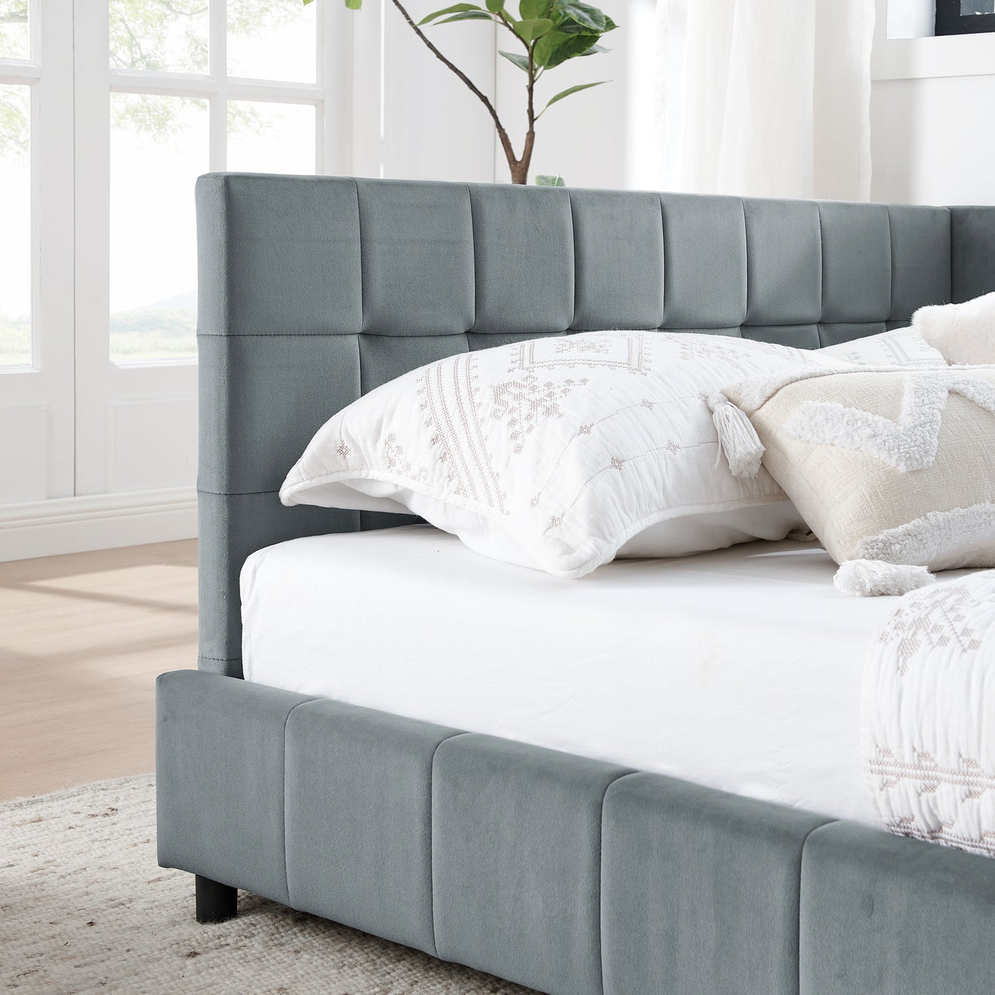 Queen Size Upholstered Tufted Bed Frame, Sofa Bed Frame with Comfortable Backrest and Armrests, Queen Size Bed for Bedroom, Living Room,Velvet, GREY(85.5''*64.5''*30.5'')